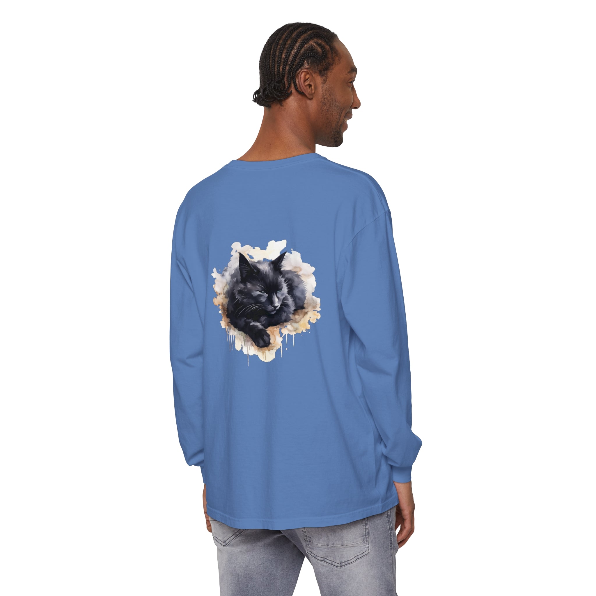 A beautiful watercolor painting of a sleeping black cat on a t-shirt