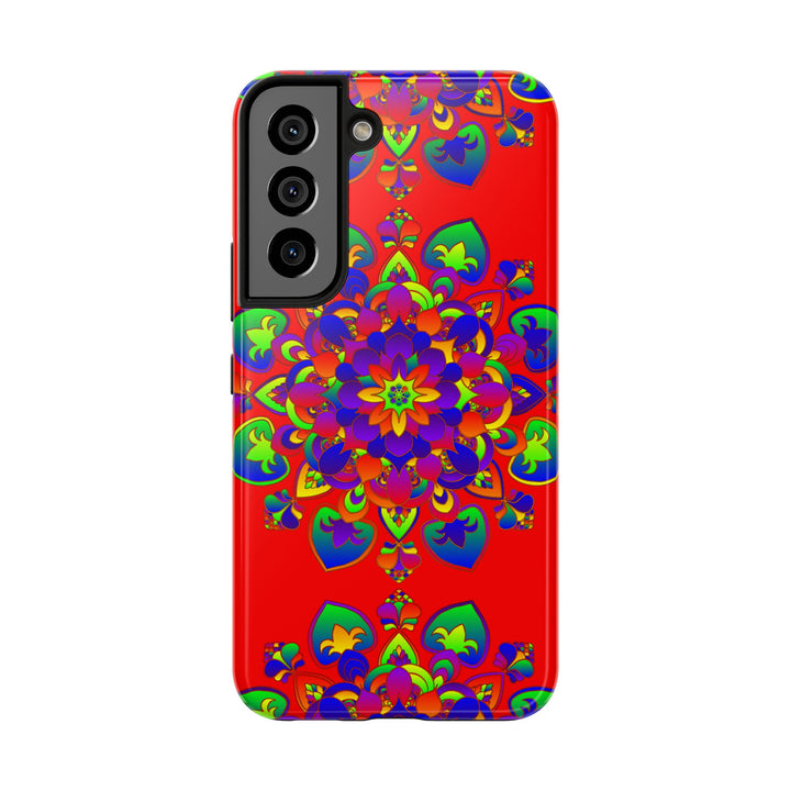 Hand drawn red mandala art phone case with intricate floral design