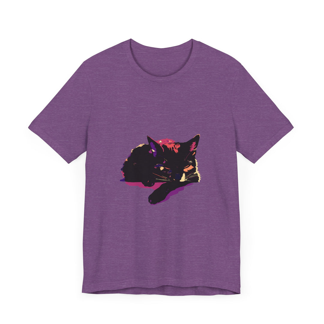 Colorful sleep T-shirt featuring a black cat design by Black Cat Mystery