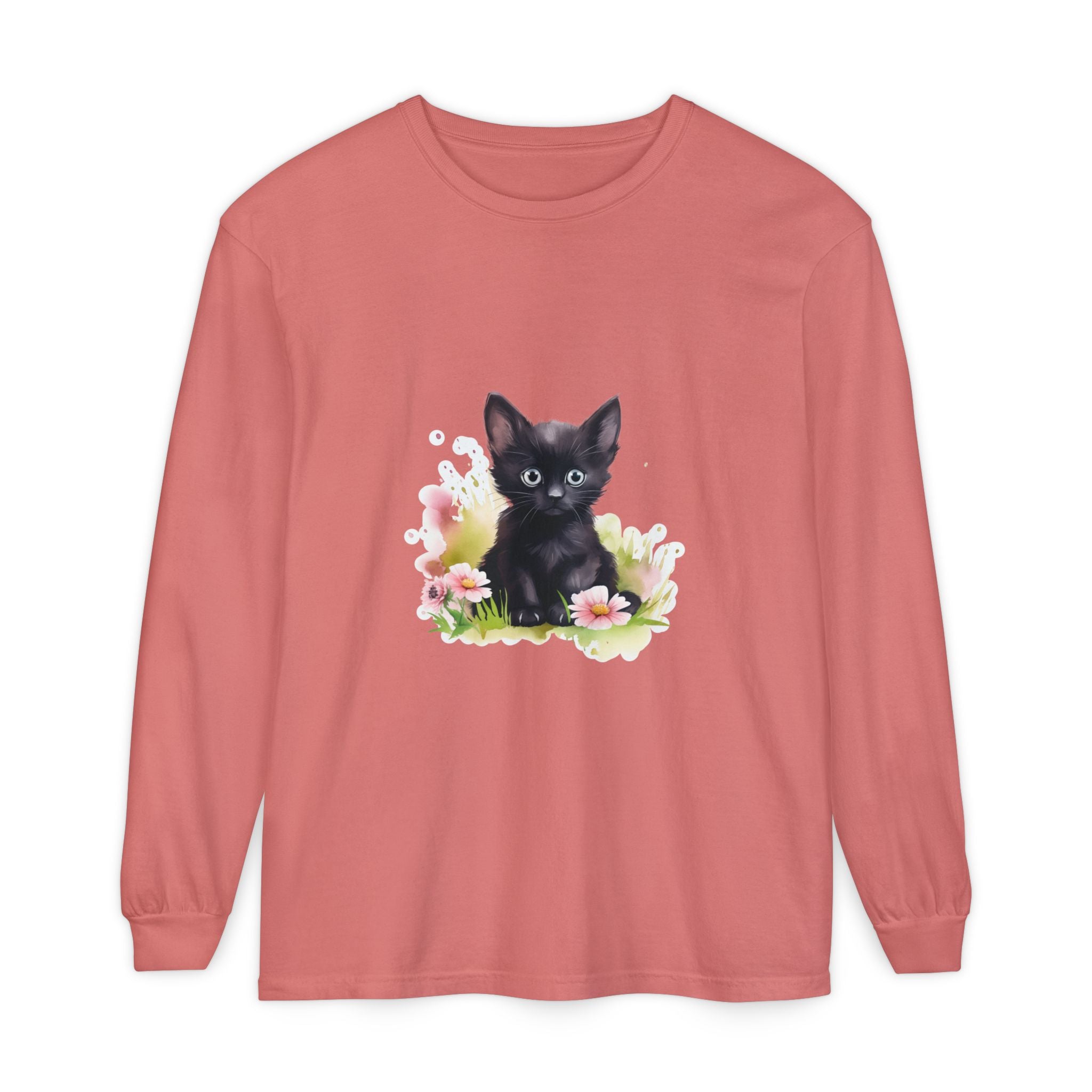 Black Kitten & Pink Flowers Long Sleeve T-Shirt
