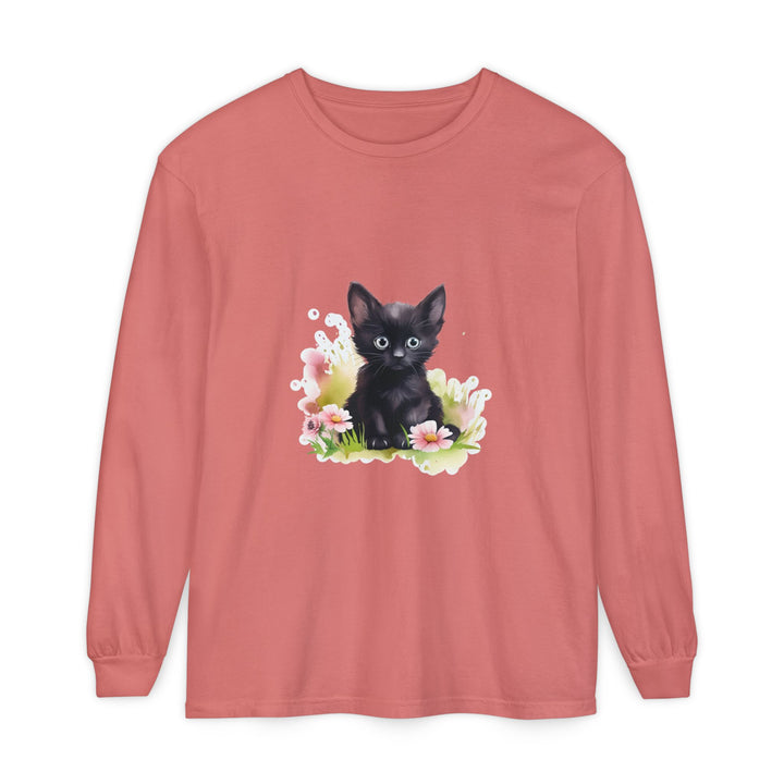 Black Kitten & Pink Flowers Long Sleeve T-Shirt