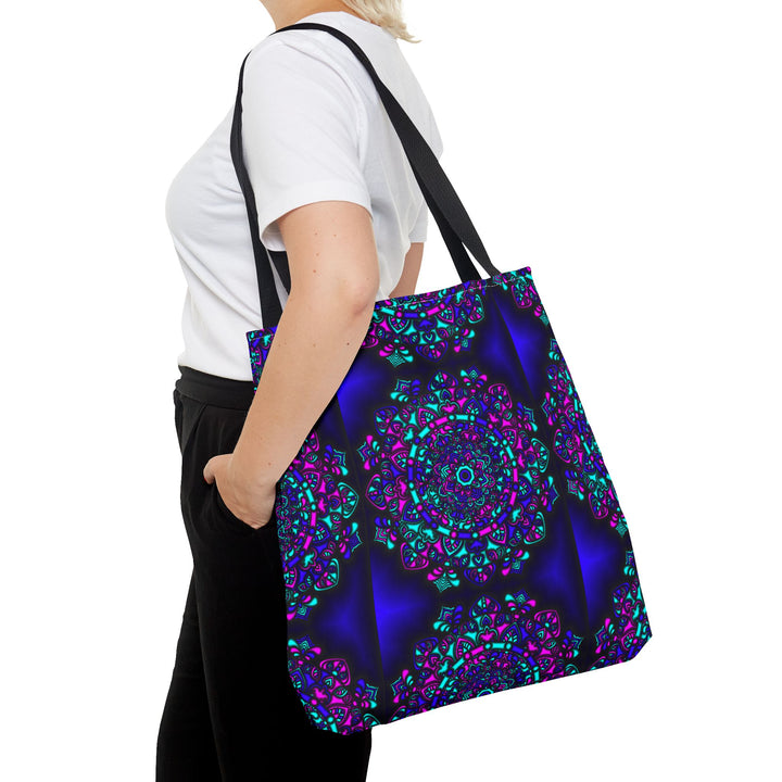 Kaleidoscope Mandala Tote Bag — Vibrant Neon Floral Pattern