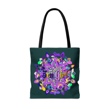 Dark green mandala print tote bag with colorful design, perfect for zen girls by Blululi