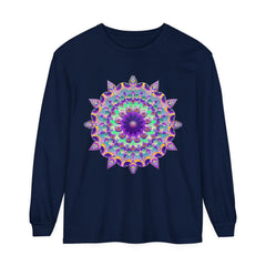 Colorful and intricate psychedelic mandala design printed on a long sleeve t-shirt