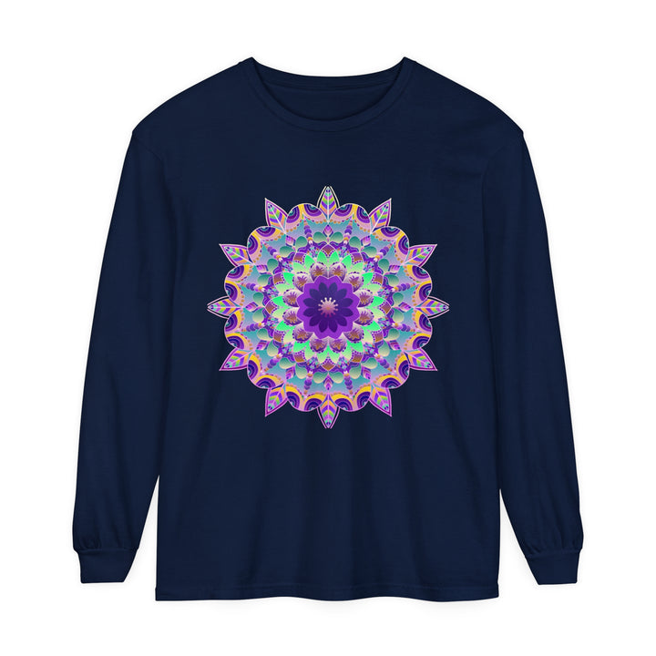 Colorful and intricate psychedelic mandala design printed on a long sleeve t-shirt