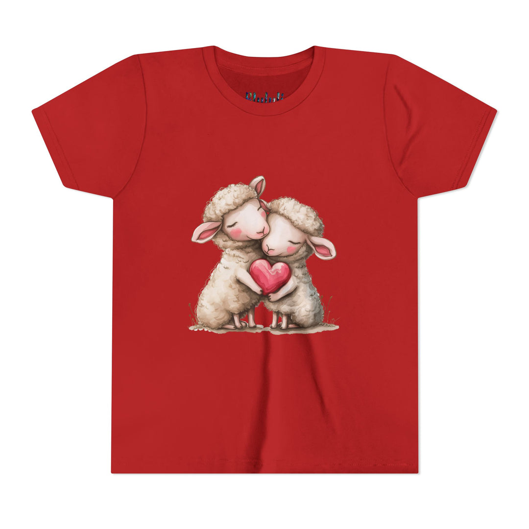 Jugend-T-Shirt – Cartoon-Schafe, die ein Herz umarmen, süßes und schönes Design 