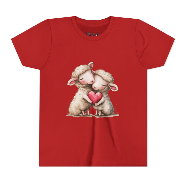 Jugend-T-Shirt – Cartoon-Schafe, die ein Herz umarmen, süßes und schönes Design 