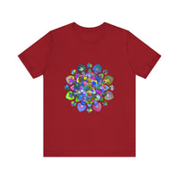 A colorful and intricate mandala design adorns this vibrant t-shirt, creating a stunning piece of wearable art