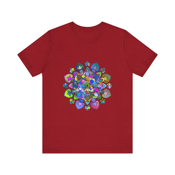 A colorful and intricate mandala design adorns this vibrant t-shirt, creating a stunning piece of wearable art