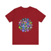 A colorful and intricate mandala design adorns this vibrant t-shirt, creating a stunning piece of wearable art