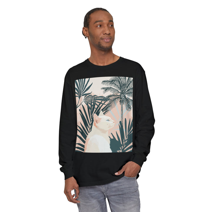 White Cat Tropical Mandala Long Sleeve T-Shirt featuring a vibrant and intricate mandala design with a white cat surrounded by tropical elements