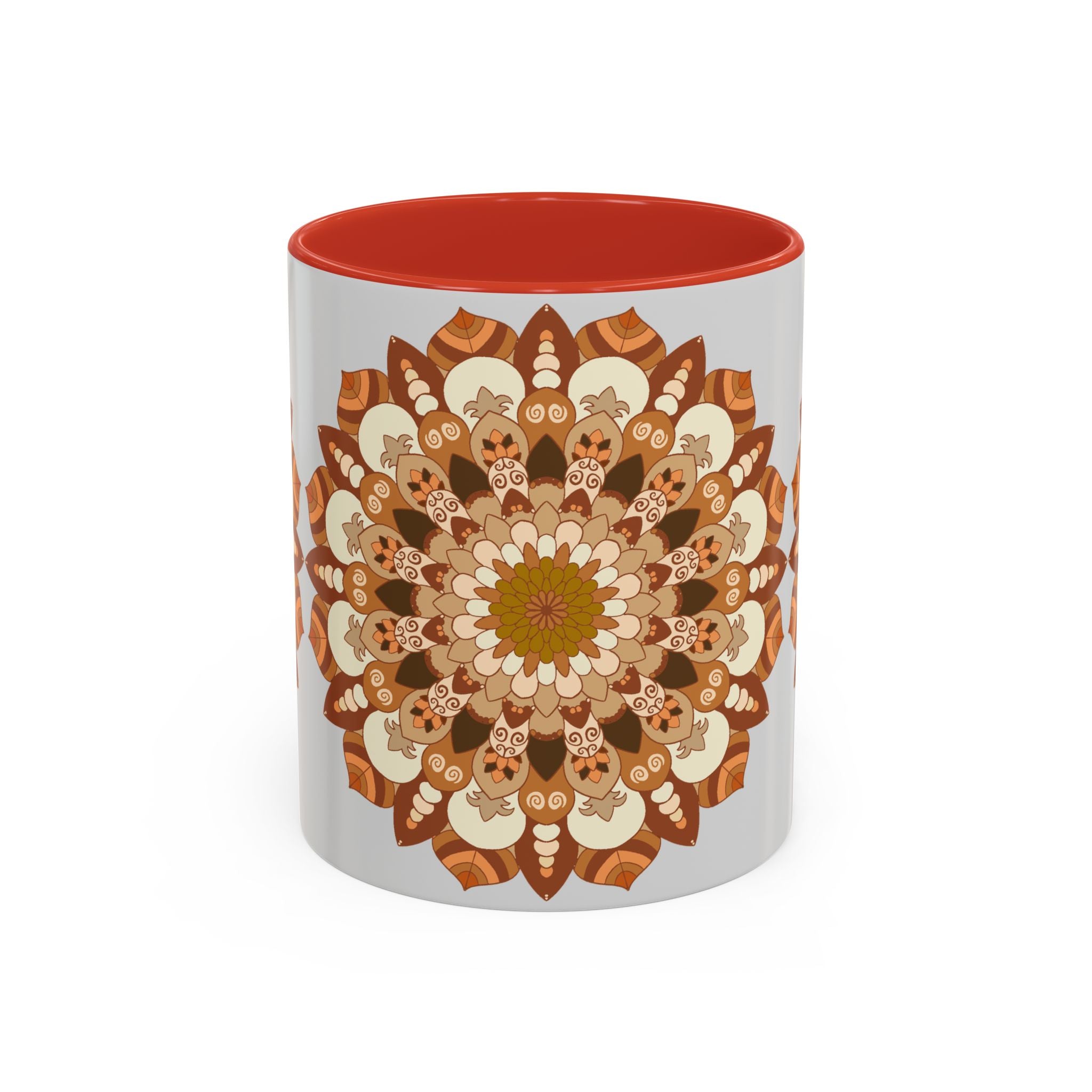 Gorgeous mandala art mug featuring light grey background with beautiful design