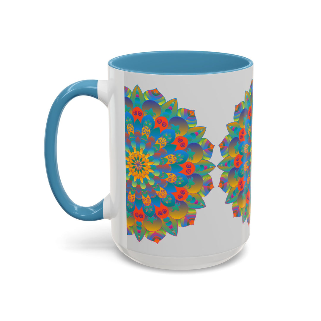 Handcrafted vibrant yellow, orange, and blue mandala art mug with intricate design