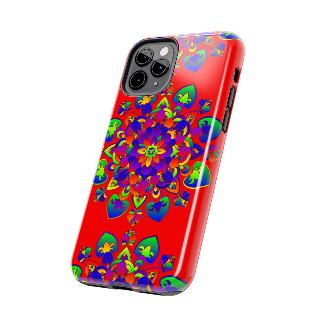 Hand drawn red mandala art phone case with intricate patterns and details