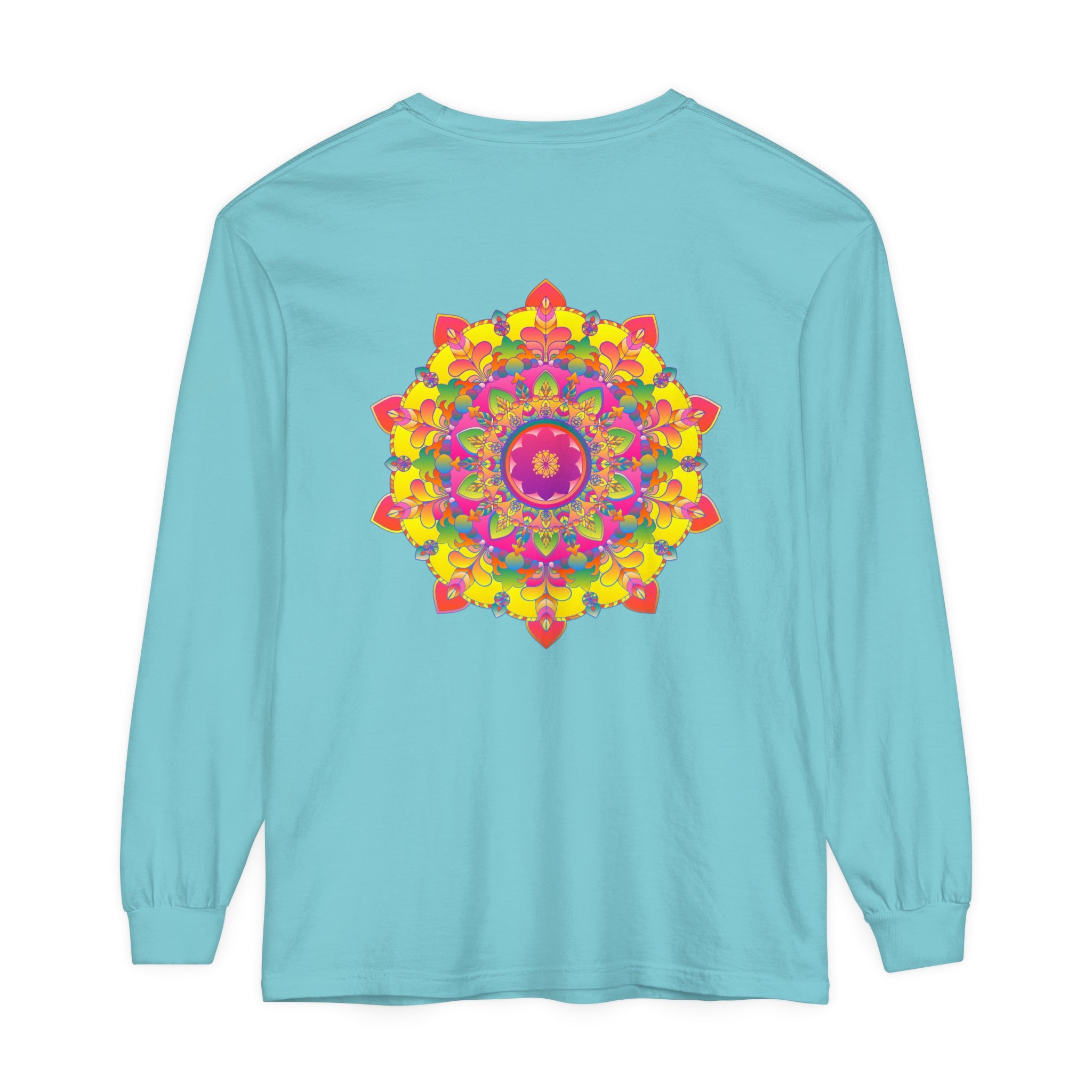 Colorful long sleeve t-shirt featuring a vibrant mandala design