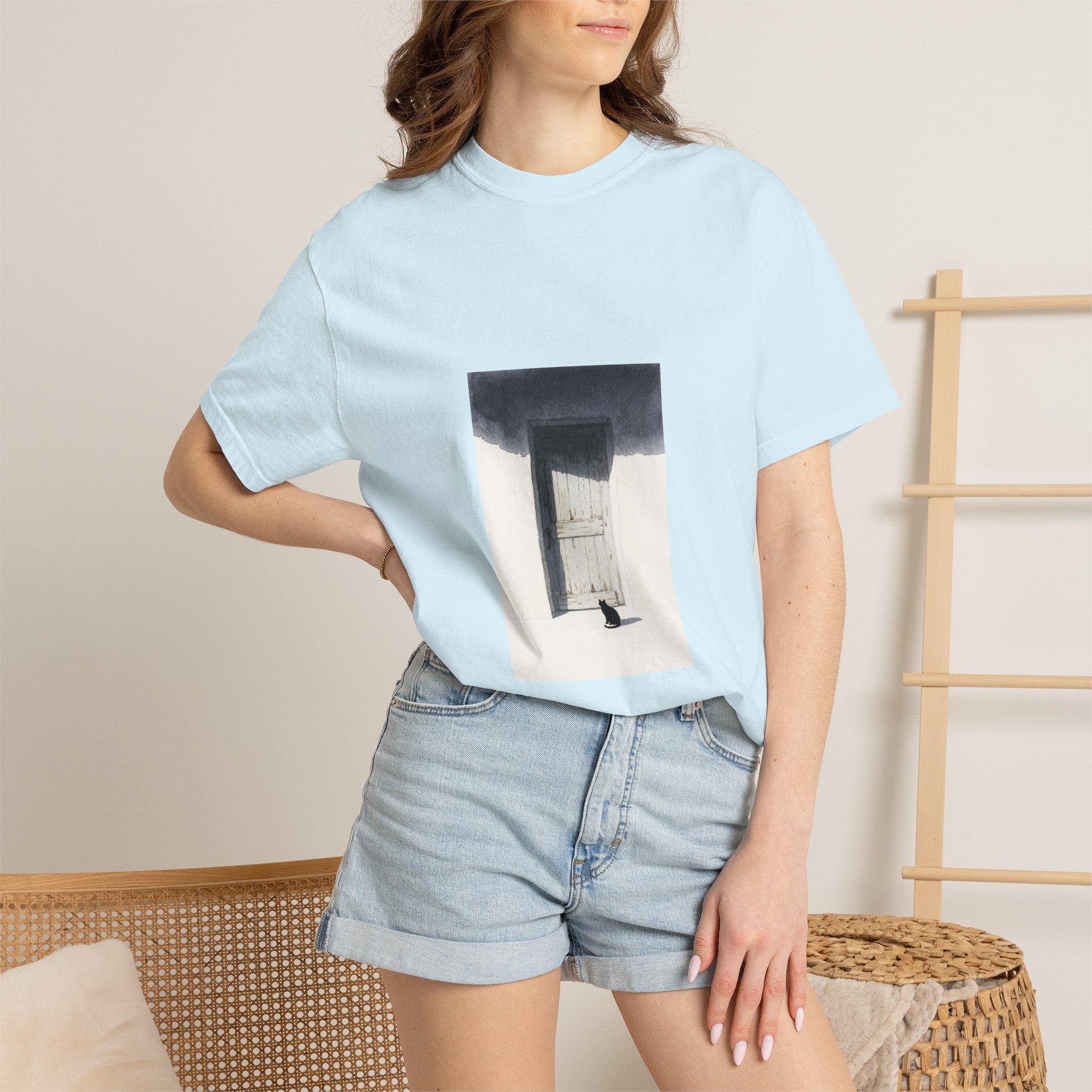 T-Shirt — Minimal Art Cat at Door Graphic Tee