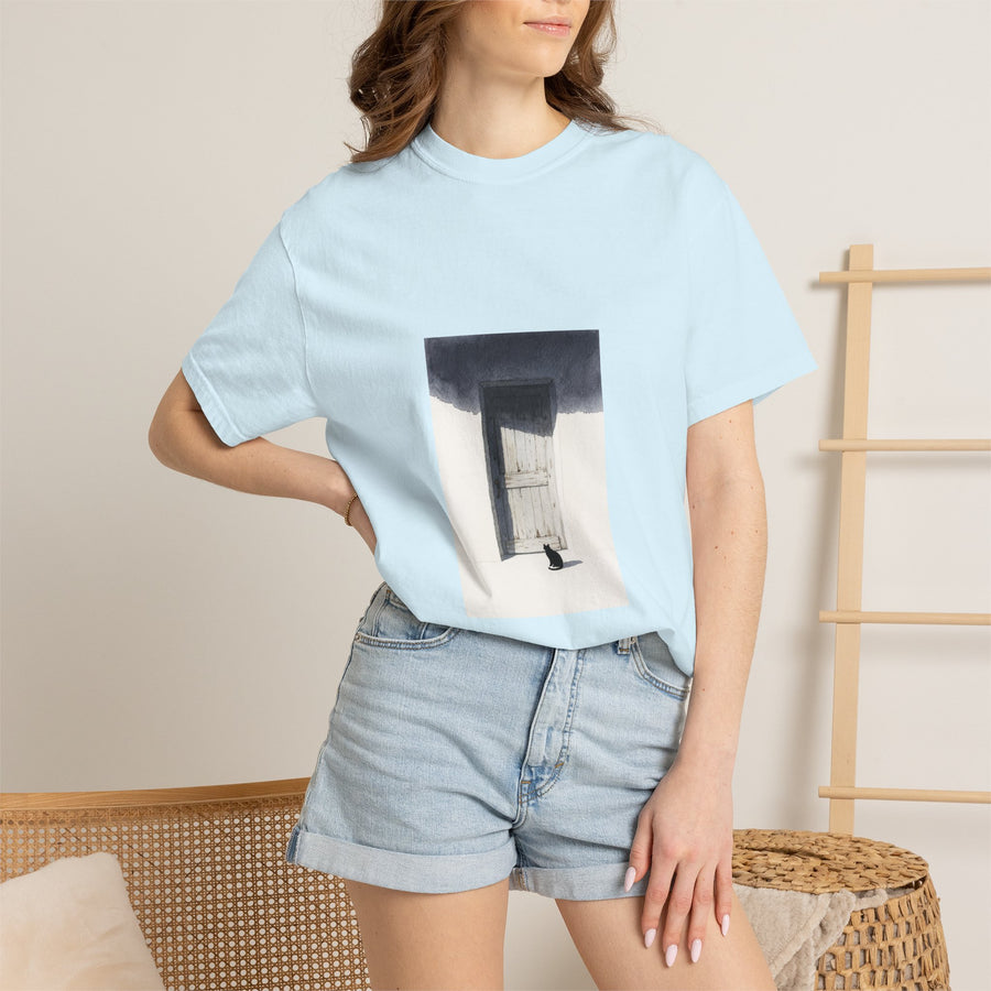 T-Shirt — Minimal Art Cat at Door Graphic Tee