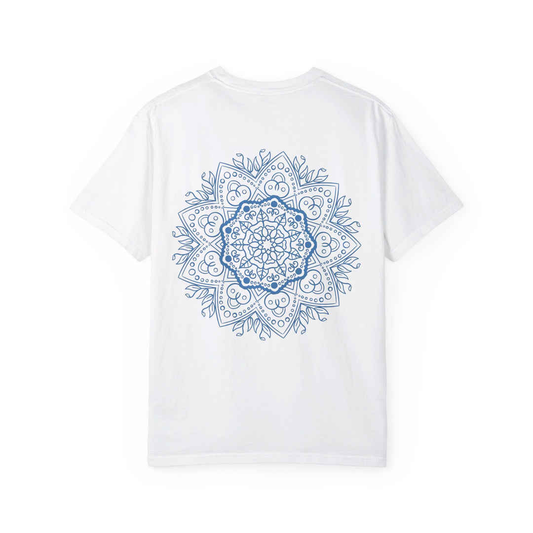 Unisex garment-dyed t-shirt featuring a handmade mandala design, created by hand