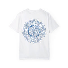 Unisex garment-dyed t-shirt featuring a handmade mandala design, created by hand