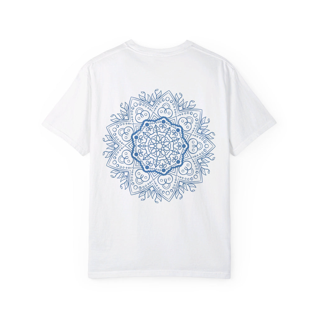 Unisex garment-dyed t-shirt featuring a handmade mandala design, created by hand