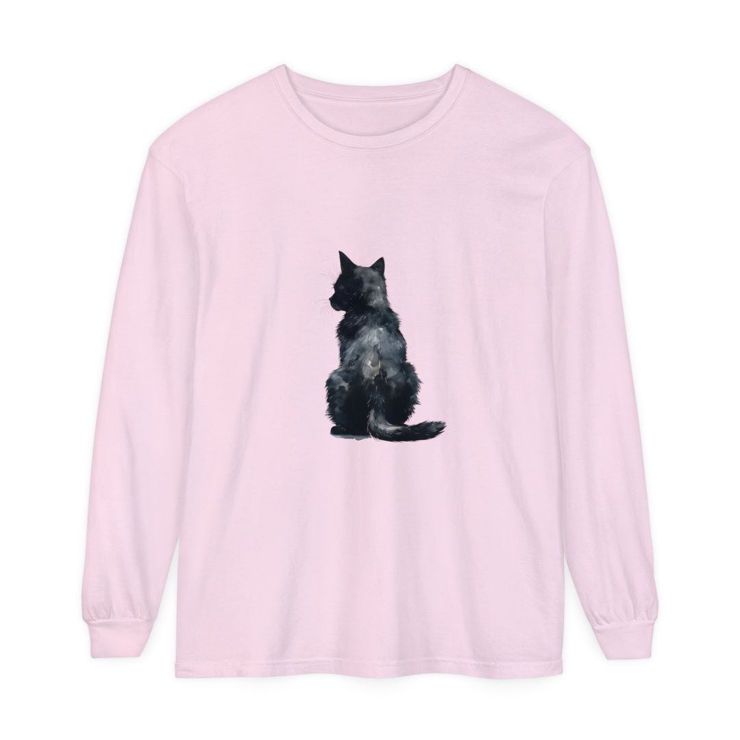 Watercolor black cat long sleeve t-shirt with vibrant and intricate design