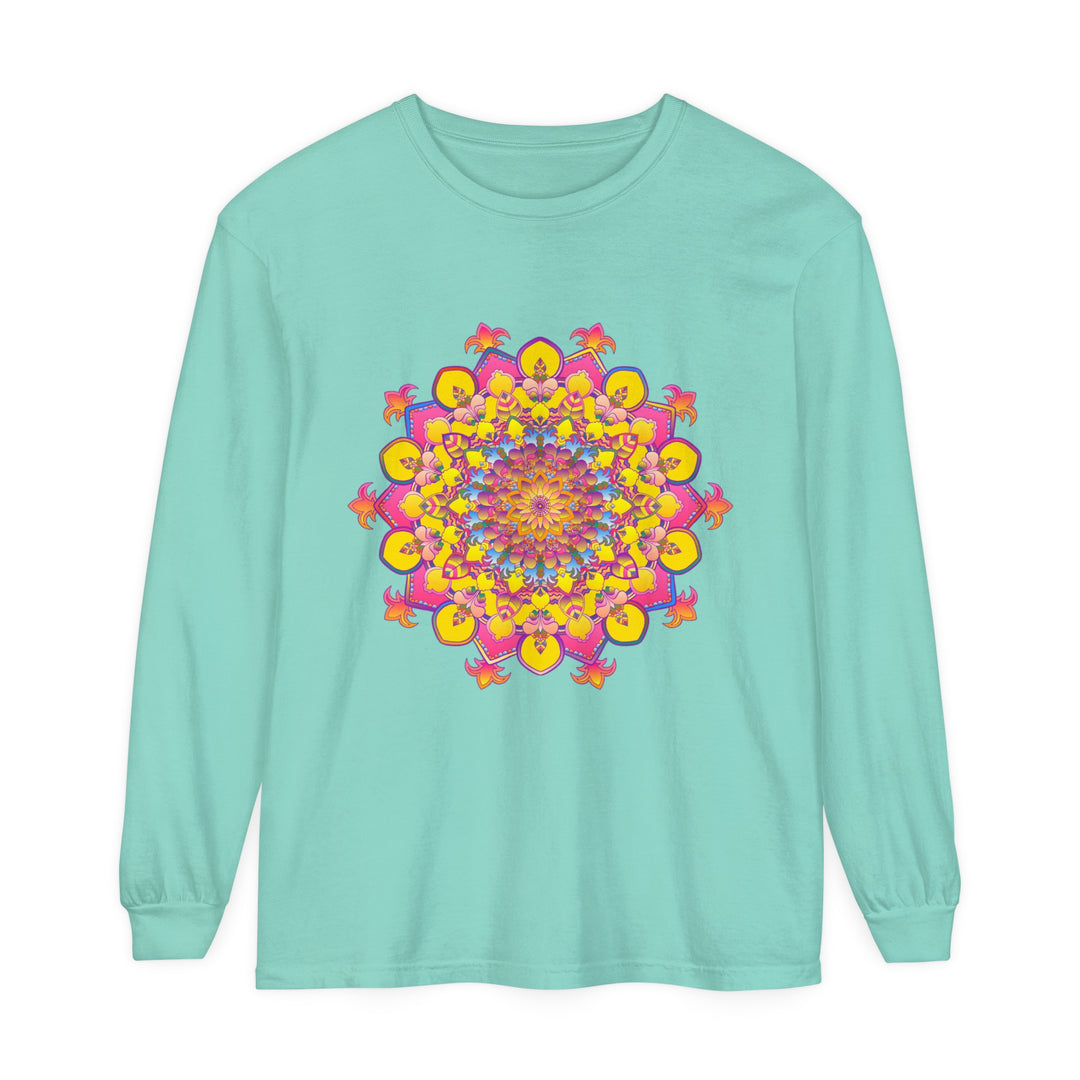 Colorful and intricate mandala design on a unisex long sleeve t-shirt