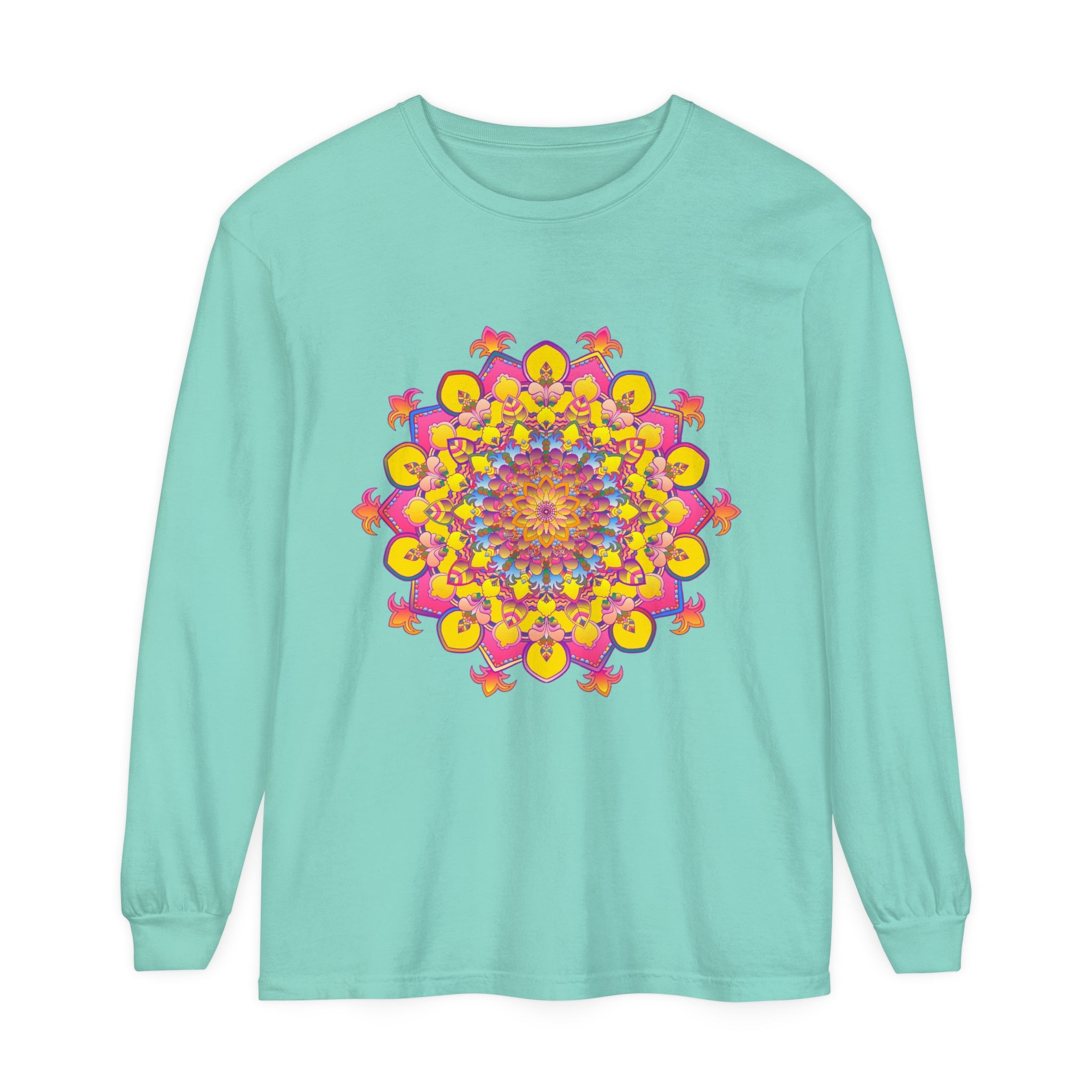 Colorful and intricate mandala design on a unisex long sleeve t-shirt