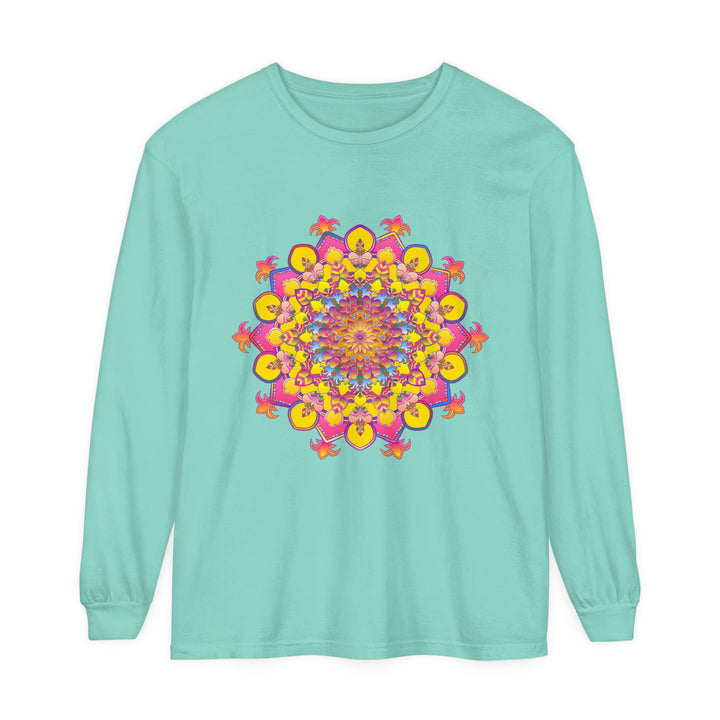 Colorful and intricate mandala design on a unisex long sleeve t-shirt