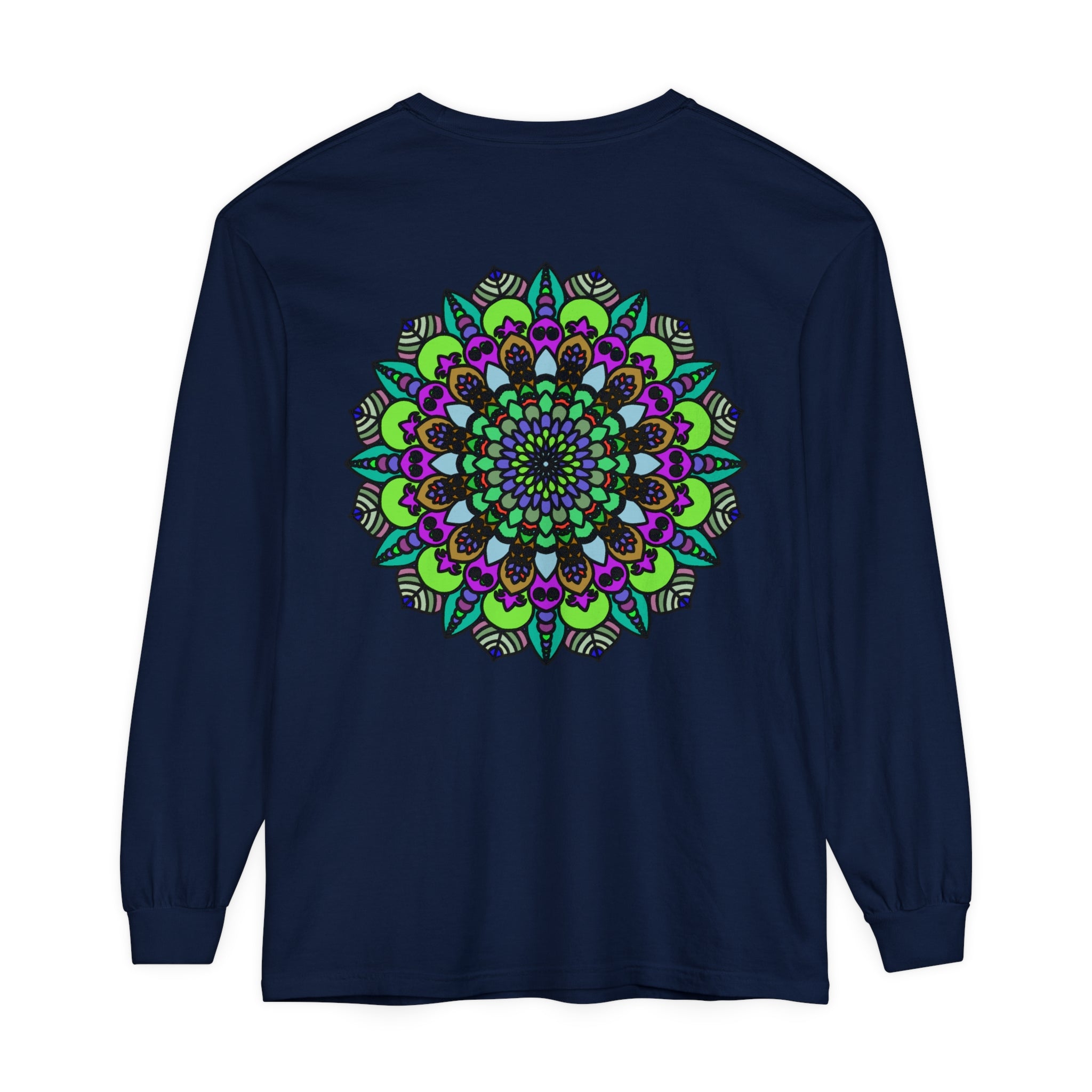 A vibrant and colorful unisex long sleeve t-shirt featuring a psychedelic mandala design