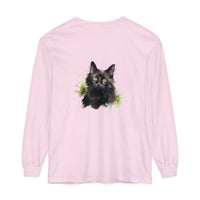 Black Cat Watercolor Splash Long Sleeve T-Shirt with vibrant feline design