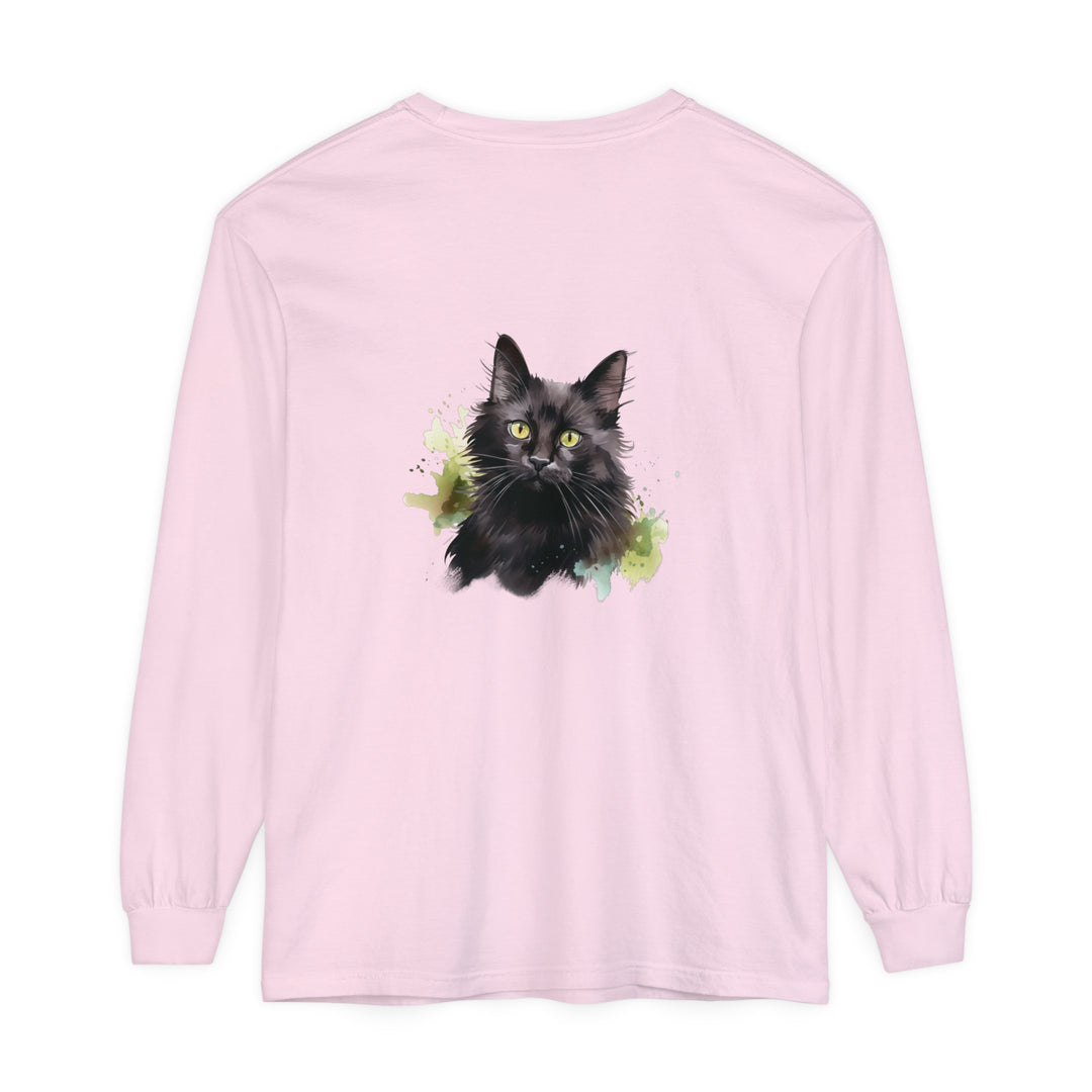 Black Cat Watercolor Splash Long Sleeve T-Shirt with vibrant feline design