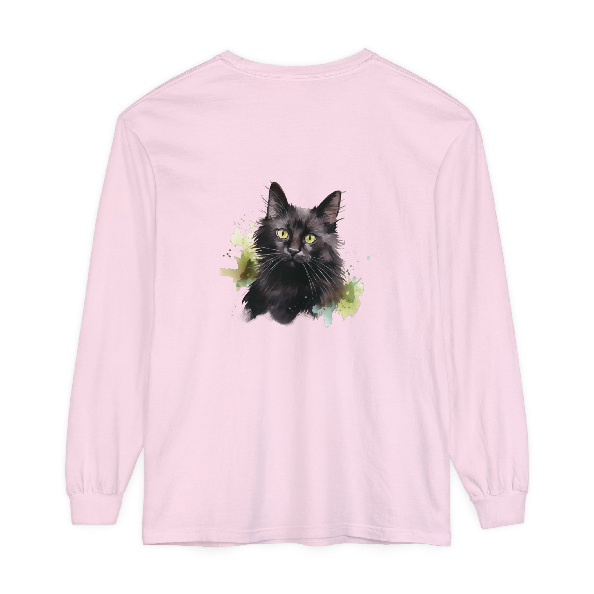 Black Cat Watercolor Splash Long Sleeve T-Shirt with vibrant feline design