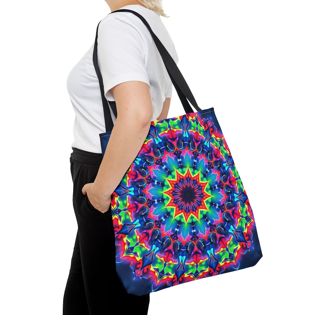 Colorful and detailed psychedelic mandala tote bag with intricate designs