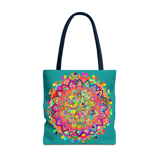 Colorful aquamarine tote bag featuring a vibrant mandala art design