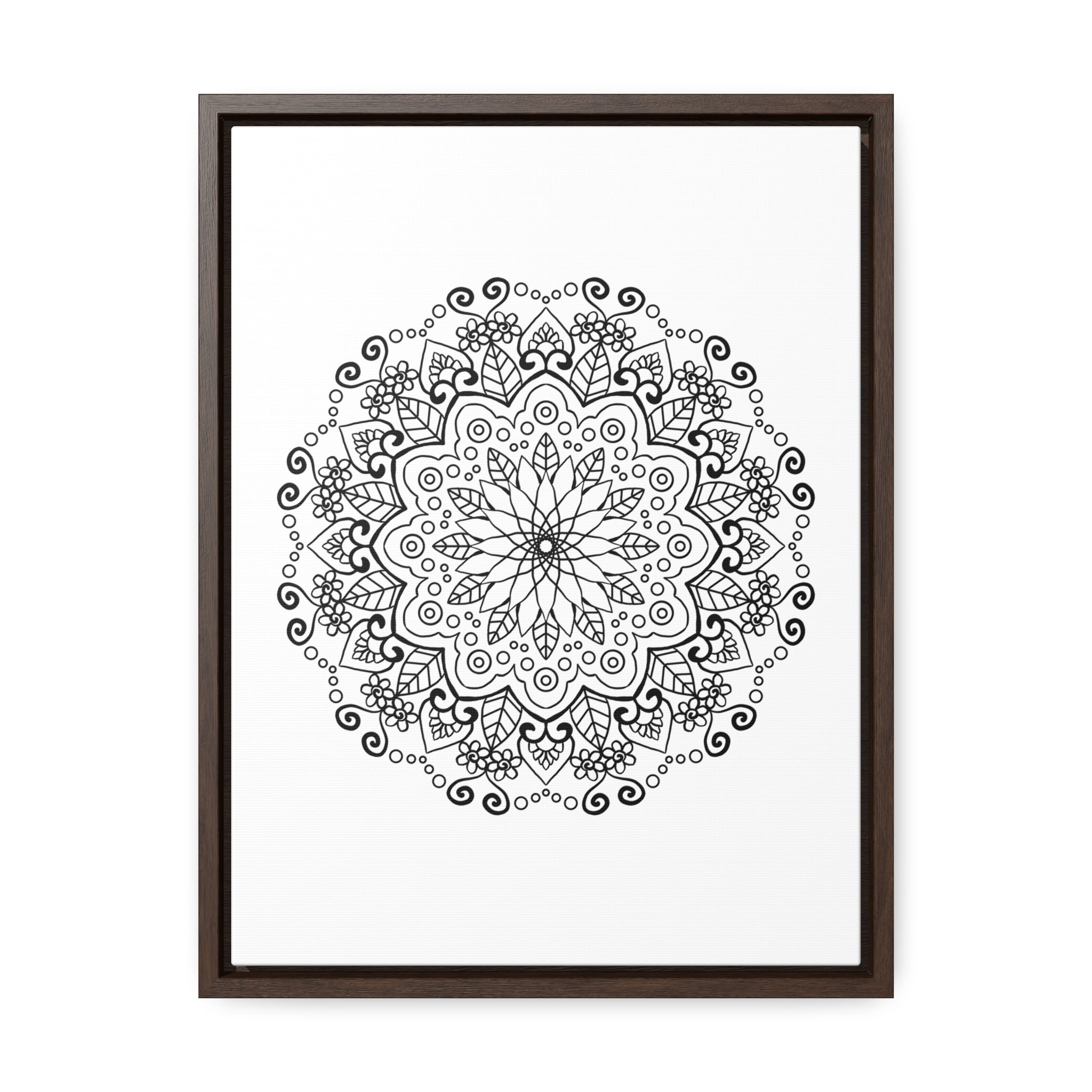 Beautiful handmade black and white mandala art on gallery canvas wraps, perfect for vertical framing and wall display