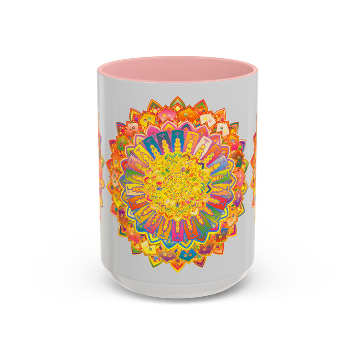 Colorful mandala design featuring vibrant and intricate art on a grey ceramic mug