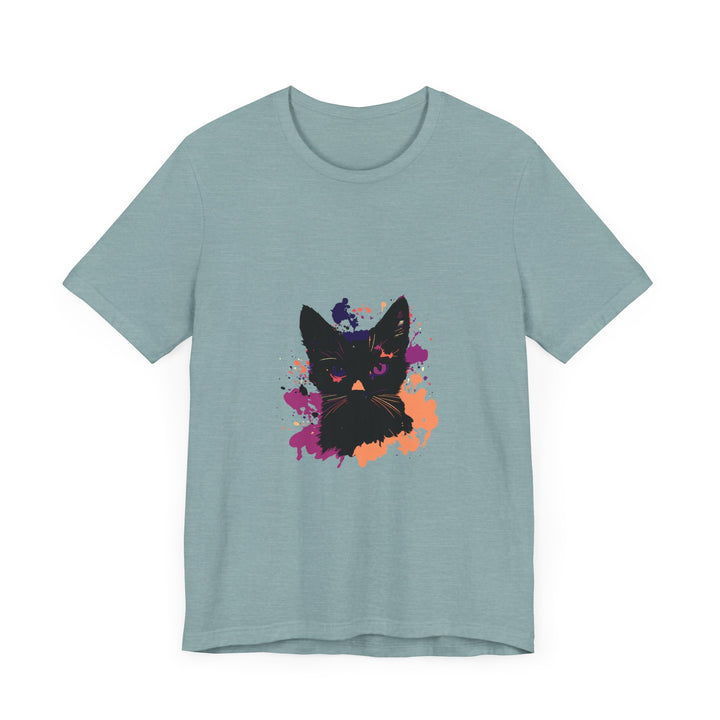 Black Cat Mystery T-Shirt featuring a black cat with glowing purple eyes on a dark purple background