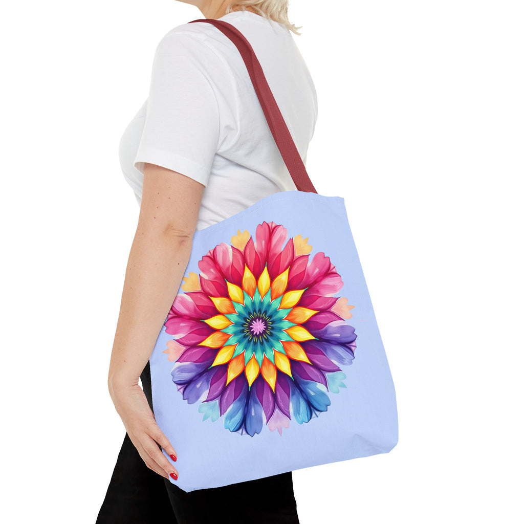 Colorful and intricate rainbow mandala tote bag, perfect for carrying your essentials in style