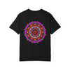 Unisex mandala t-shirt featuring hand-drawn mandala art made from 100% ring-spun cotton, and garment-dyed for extra comfort