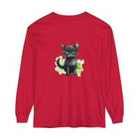 Black watercolor cat design on a comfortable and stylish long sleeve t-shirt