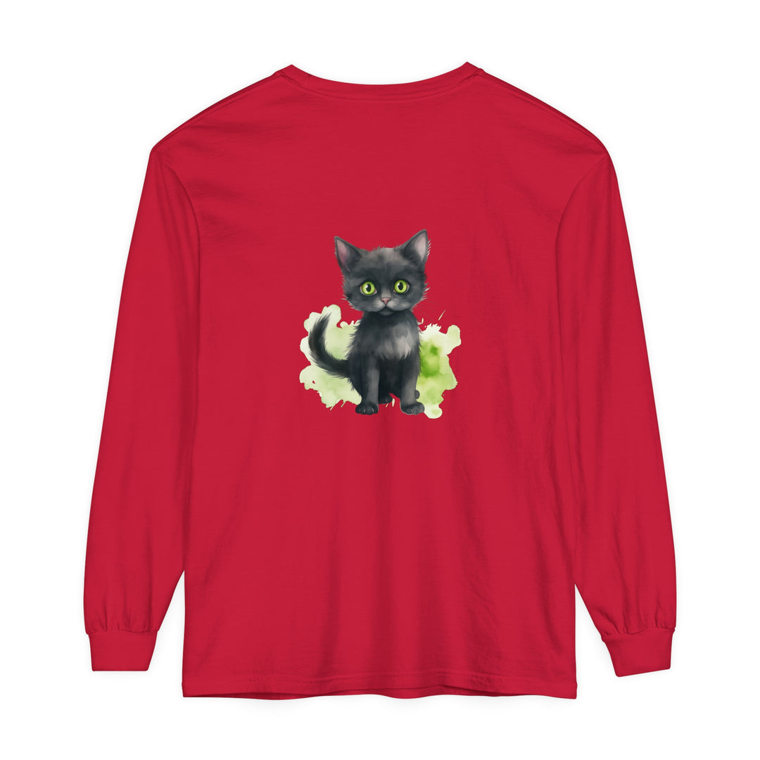 Black watercolor cat design on a comfortable and stylish long sleeve t-shirt