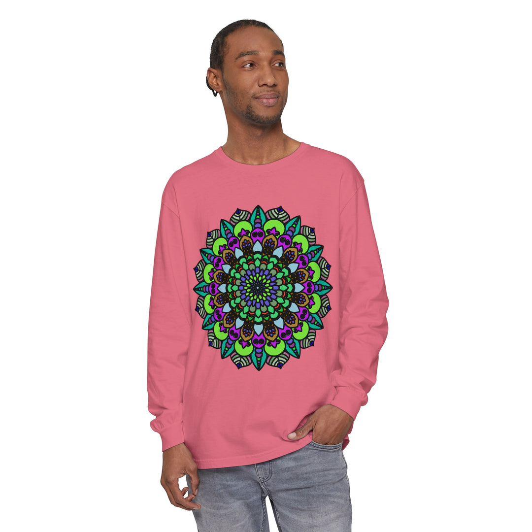 Colorful and intricate psychedelic mandala design featured on unisex long sleeve t-shirt