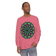 Colorful and intricate psychedelic mandala design featured on unisex long sleeve t-shirt