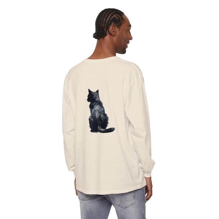 Black Cat Watercolor Long Sleeve T-Shirt featuring a detailed watercolor painting of a black cat on a high-quality, comfortable long sleeve shirt