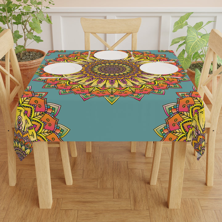 Beautiful sage green mandala tablecloth with colorful floral design, perfect for adding a touch of elegance to your dining space