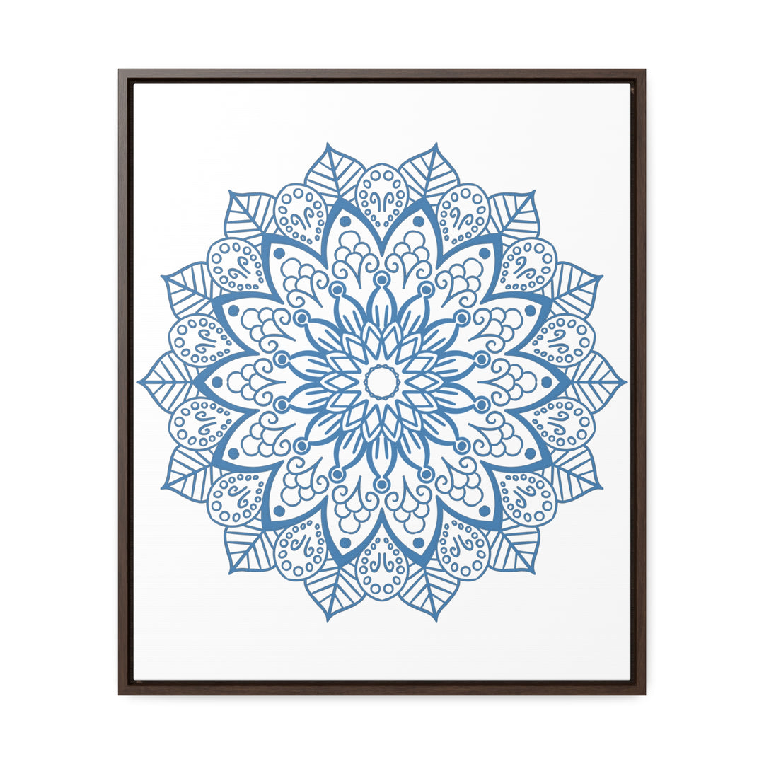 Handmade steel blue Mandala design wall art on gallery canvas wraps, displayed in a vertical frame