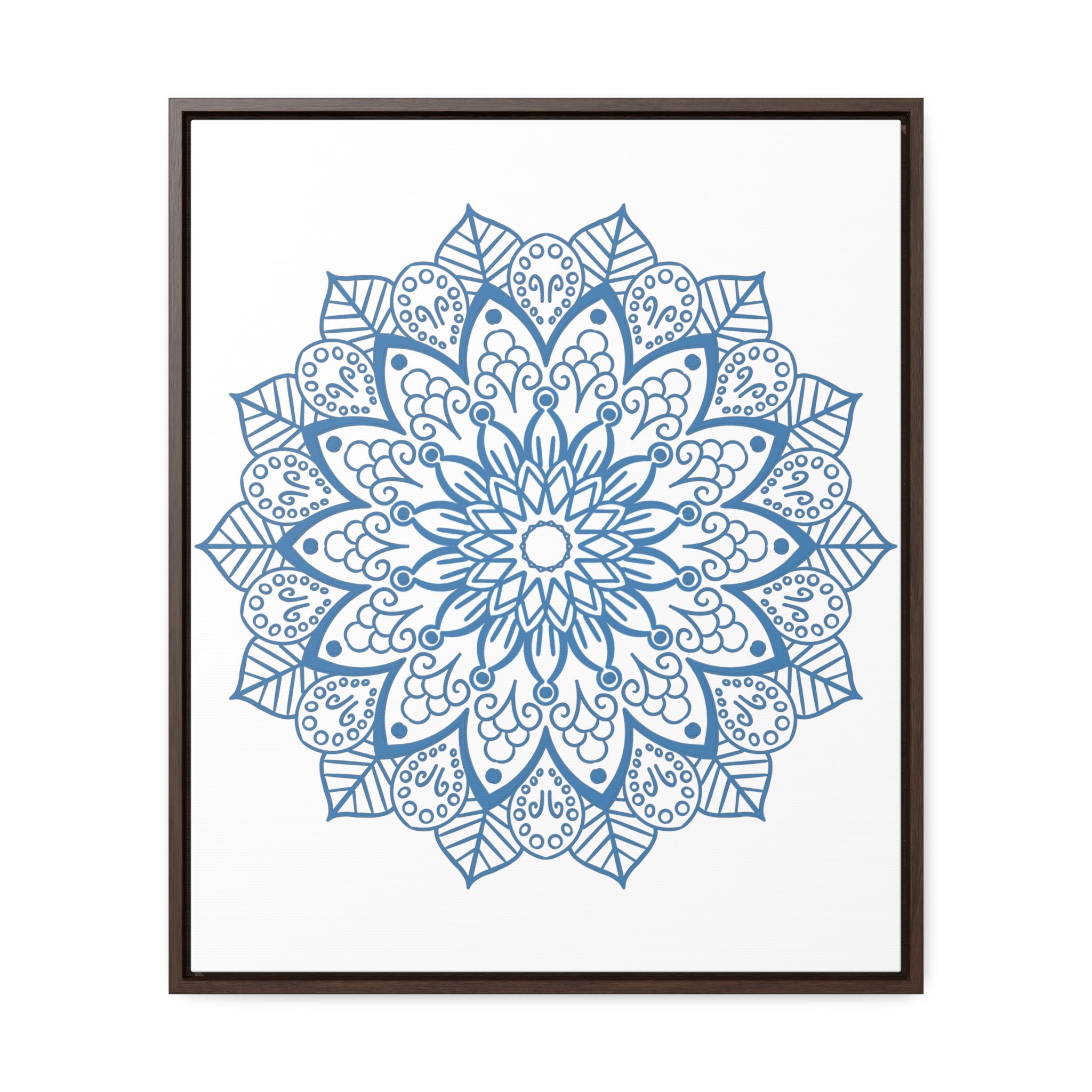 Handmade steel blue Mandala design wall art on gallery canvas wraps, displayed in a vertical frame