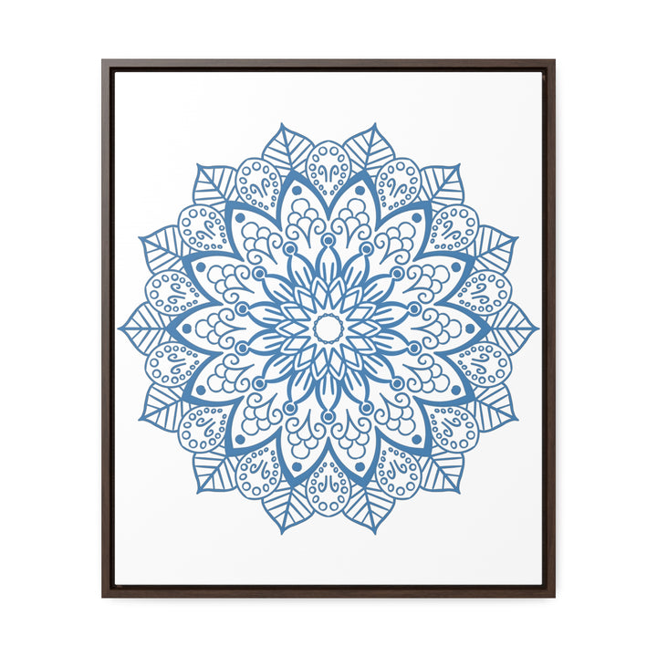 Handmade steel blue Mandala design wall art on gallery canvas wraps, displayed in a vertical frame