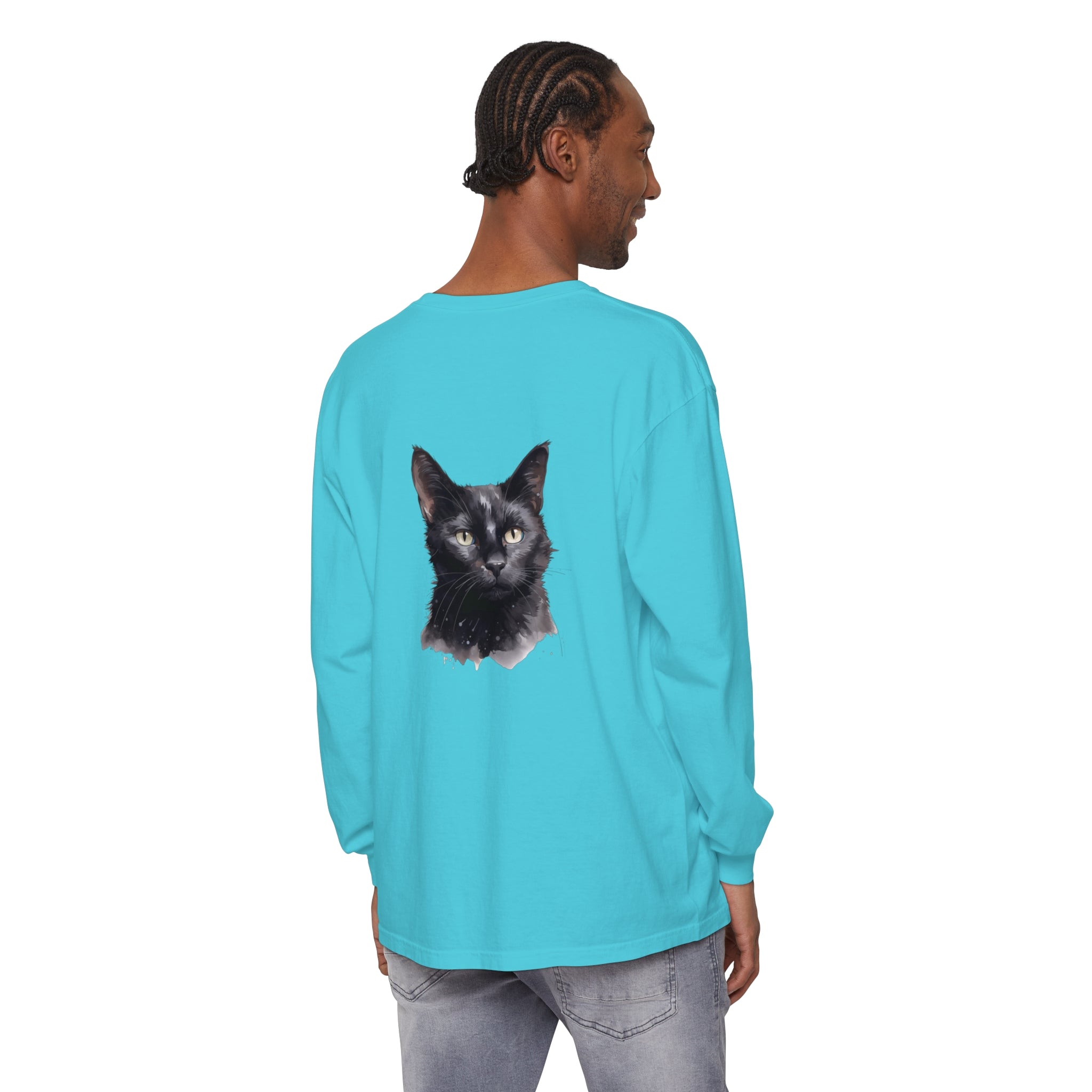 Black Cat Watercolor Unisex Long Sleeve T-Shirt with vibrant, hand-painted cat design