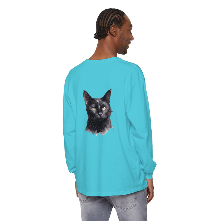 Black Cat Watercolor Unisex Long Sleeve T-Shirt with vibrant, hand-painted cat design